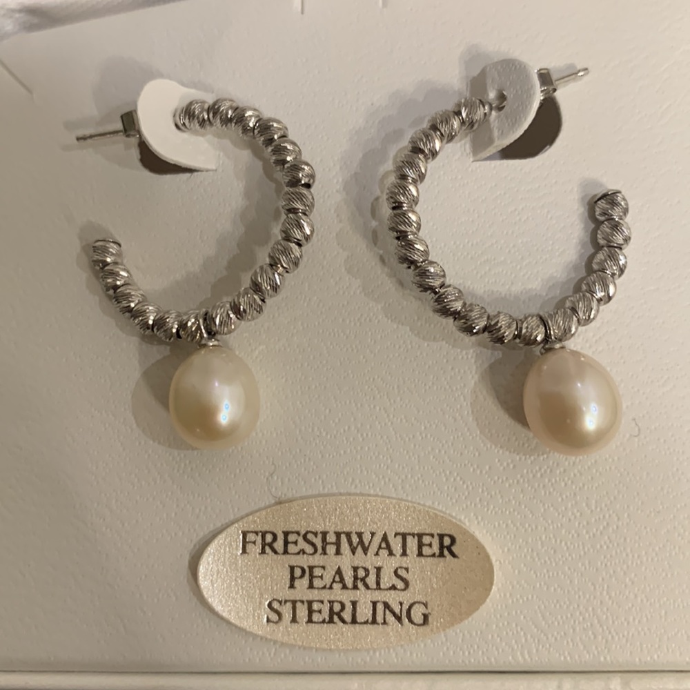 Sterling Pearl Drop Hoop Earrings